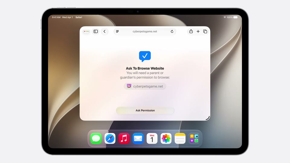 Ask to Browse parental approval prompt shown on iPad at WWDC 2026.