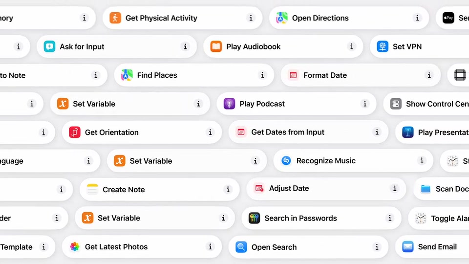 Shortcuts action grid shown during WWDC 2026.