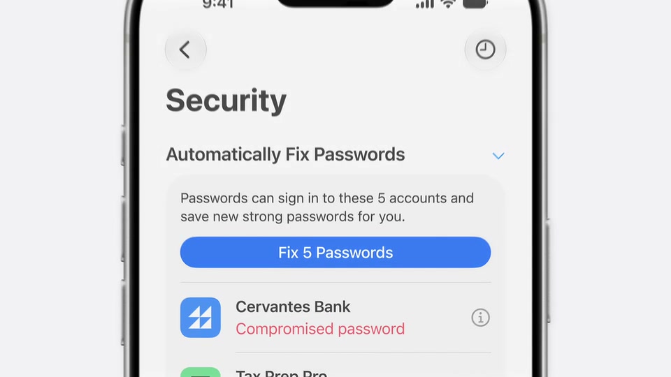 Passwords app automatic password fix screen shown during WWDC 2026.