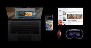 Apple devices displaying the latest Apple software platforms