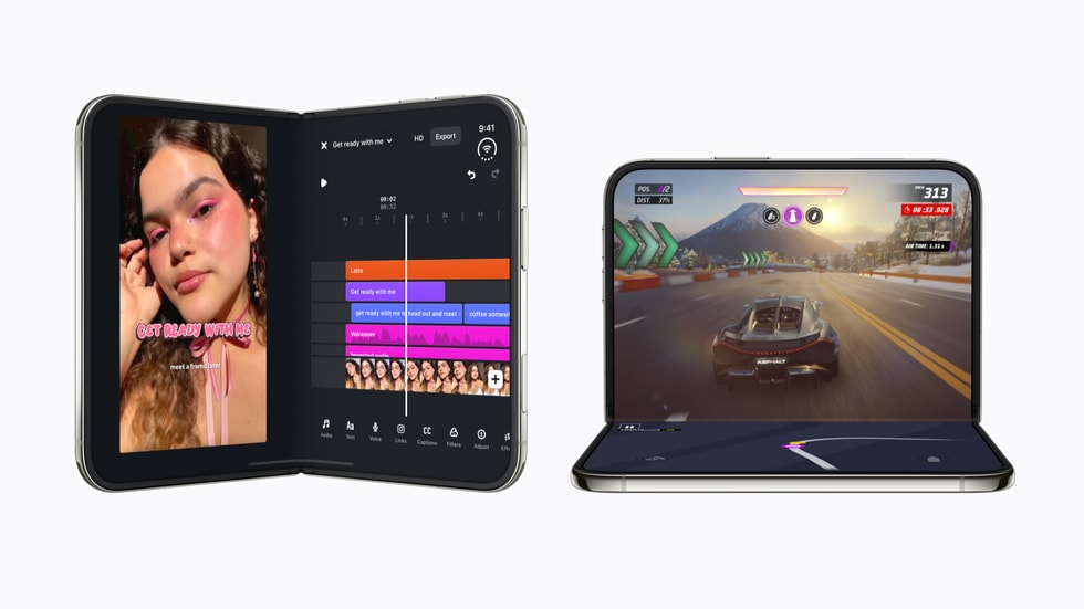 An open iPhone Duo showing apps optimized for its folding display