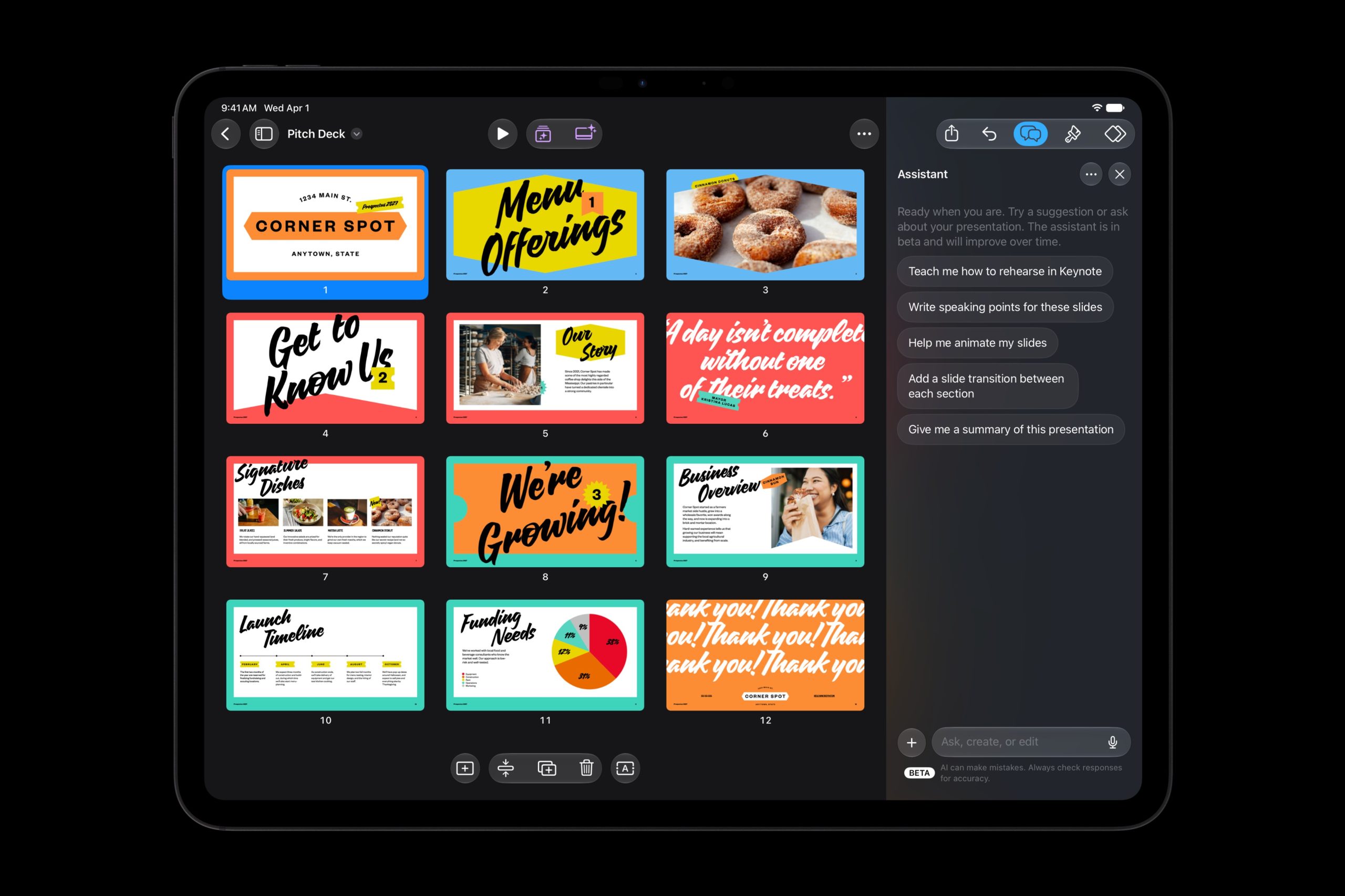 The new intelligent assistant open in Keynote on an iPad Pro